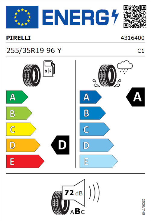 Tyre Label for Pirelli P Zero PZ5 Elect 255/35R19 96Y