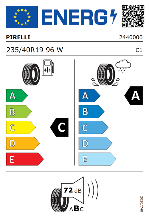 Tyre Label for Pirelli Cinturato P7 235/40R19 96W
